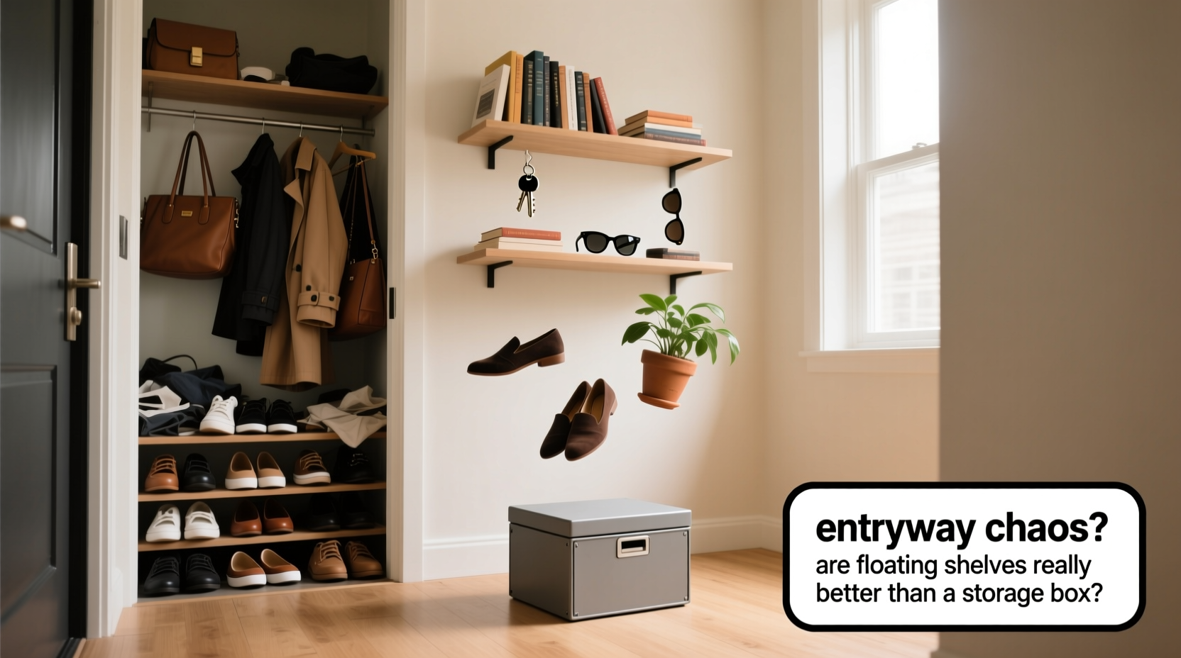 entryway chaos are floating shelves really better than a storage box