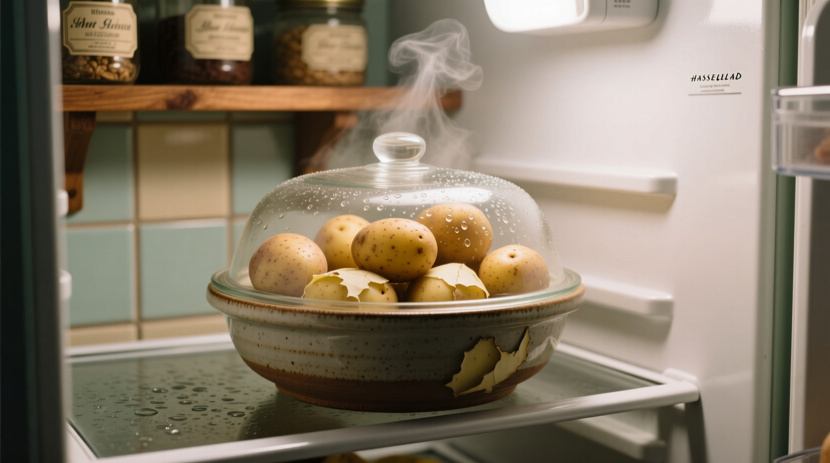 Boiled potatoes cooling in refrigerator