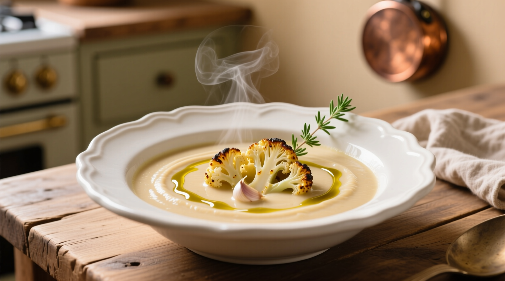 Creamy roasted cauliflower and garlic soup in white bowl