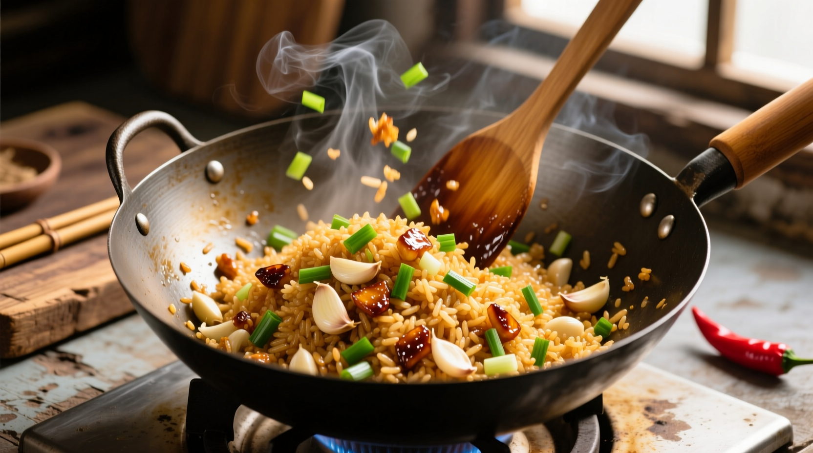 Perfect golden garlic fried rice in wok with fresh scallions