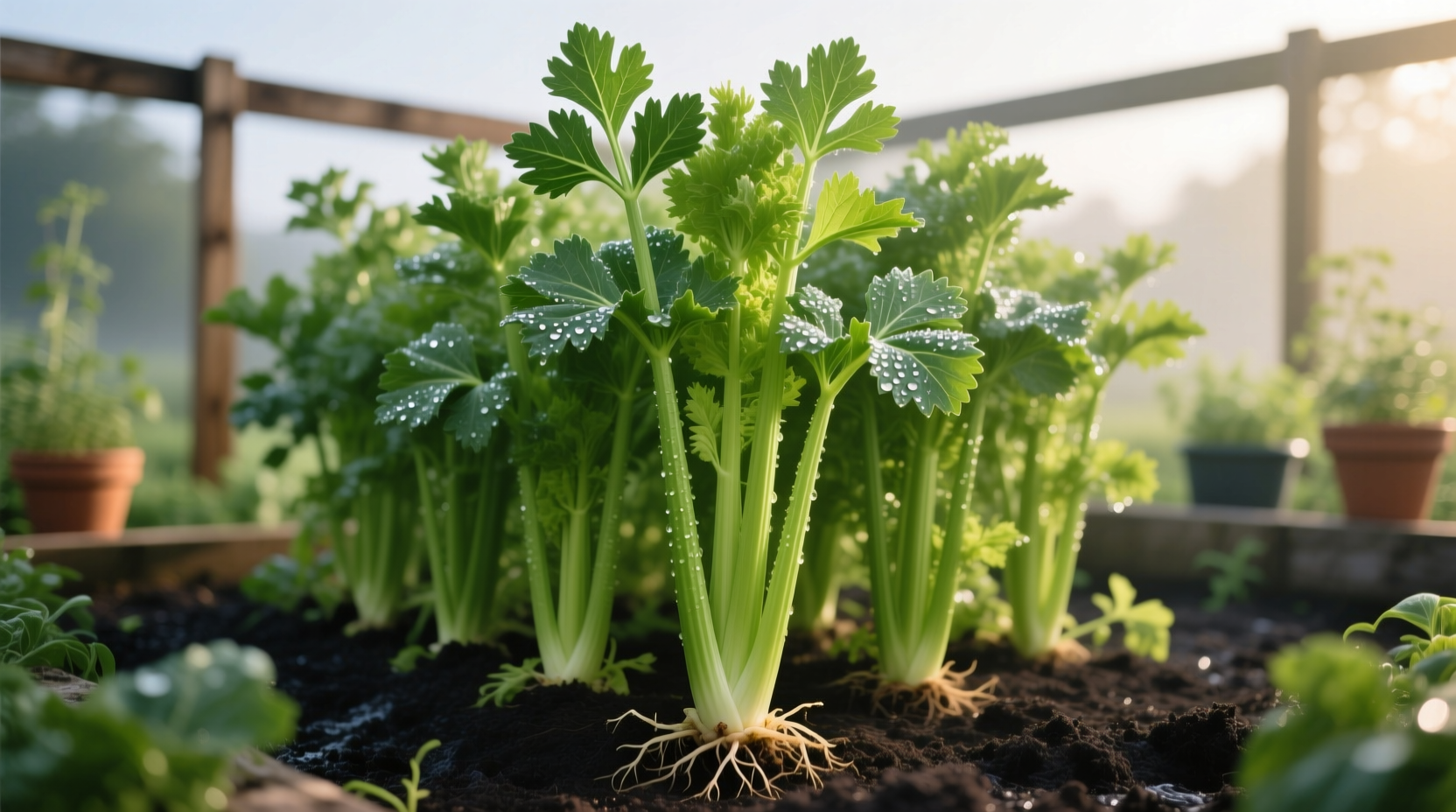 Healthy celery plants growing in garden bed