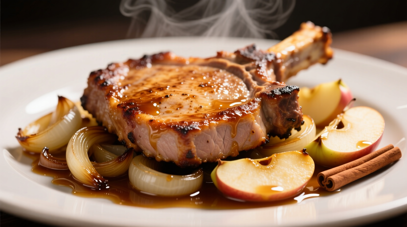 Golden brown pork chops with caramelized onions and apples