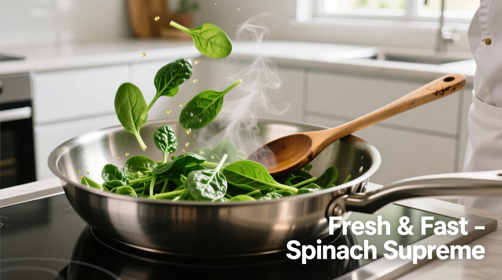 Chef preparing vibrant green spinach in stainless steel pan