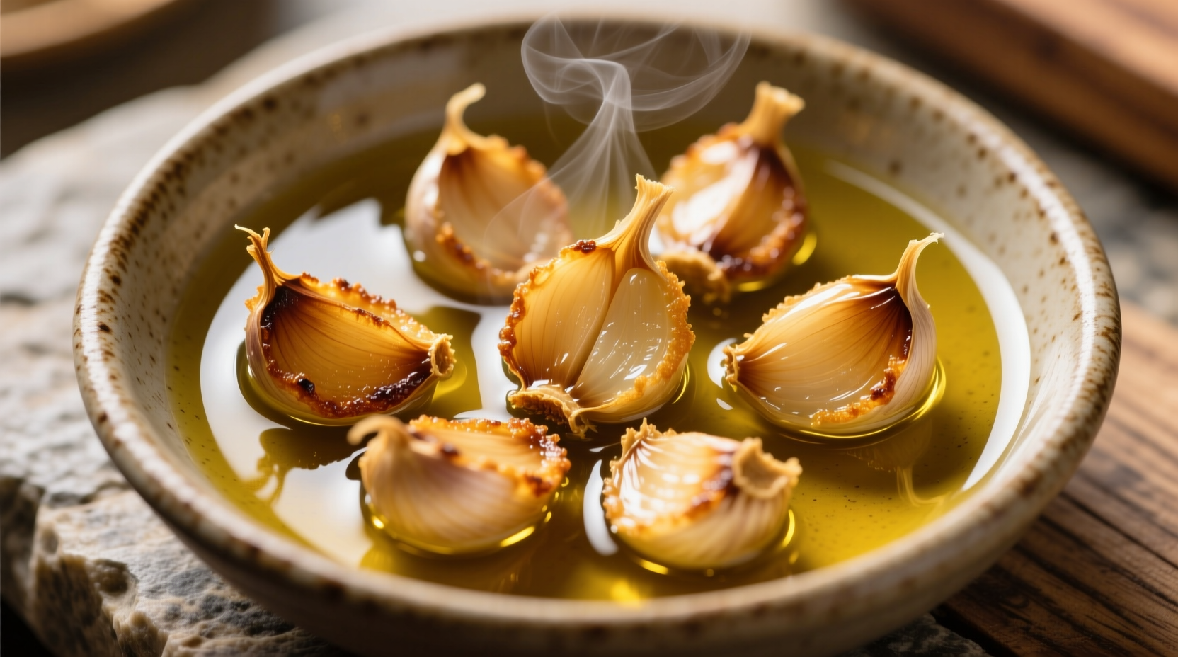 Golden fried garlic cloves in olive oil