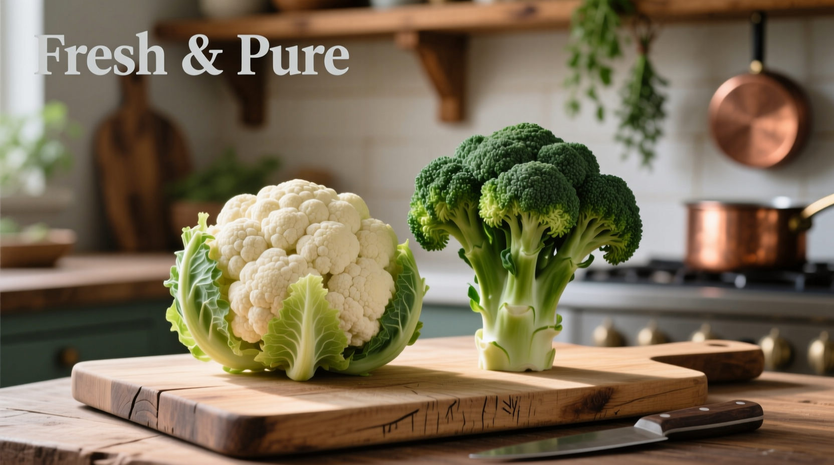 Cauliflower and broccoli side by side on wooden cutting board