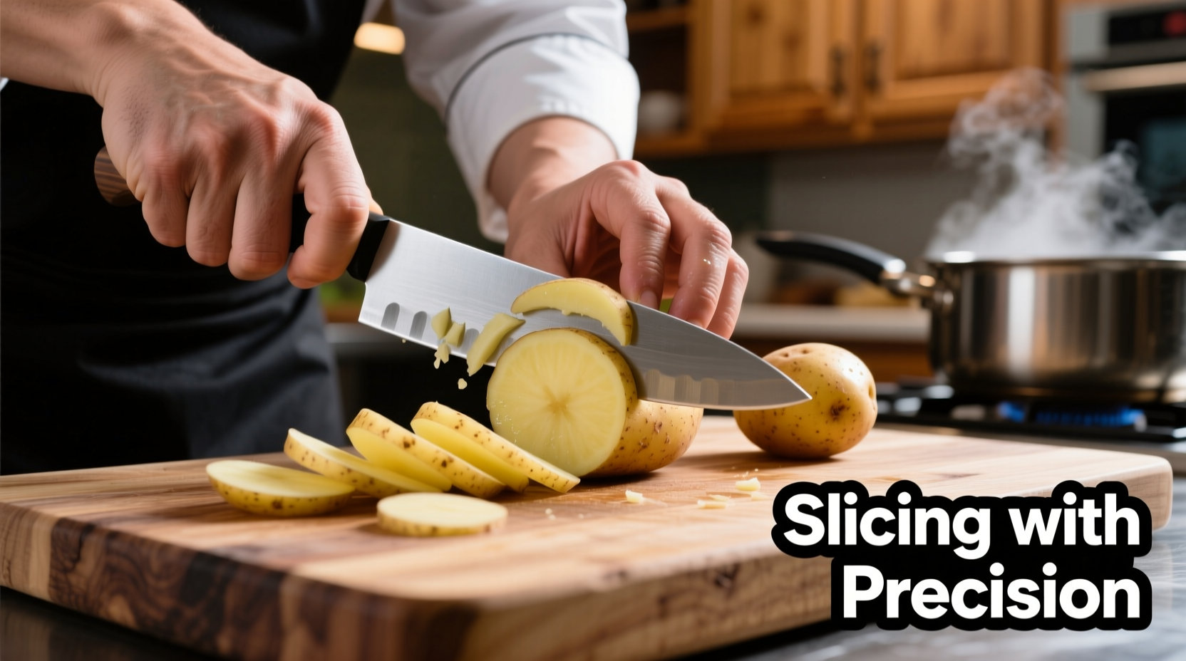 Chef hand-slicing potatoes on wooden cutting board