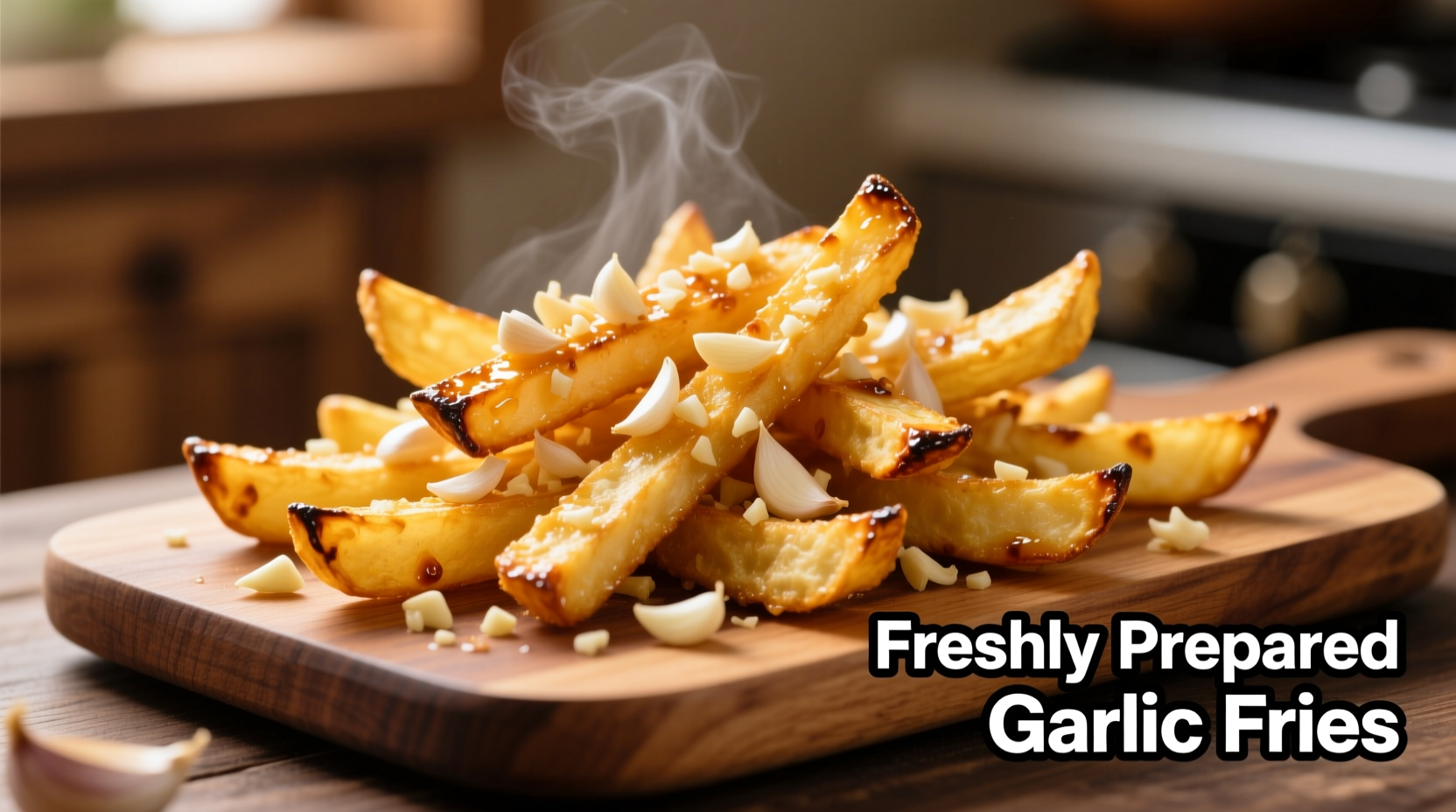 Freshly prepared garlic fries with visible garlic pieces