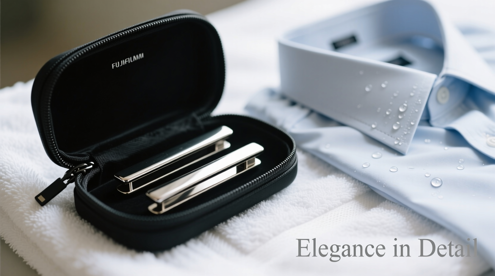 Close-up photo of two stainless steel collar stays neatly placed inside a small black zippered lingerie bag, lying on a white towel beside a freshly laundered dress shirt collar