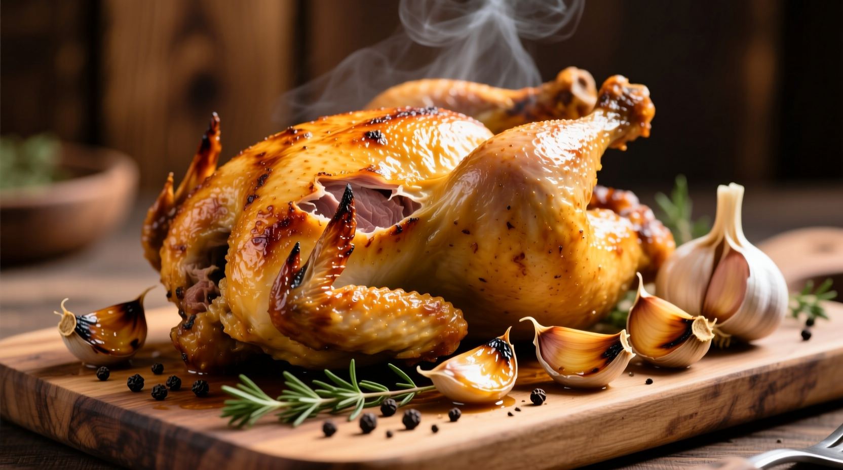 Golden roasted chicken with caramelized garlic cloves