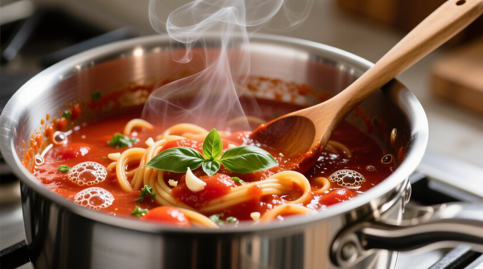 Fresh tomato pasta sauce simmering in stainless steel pot