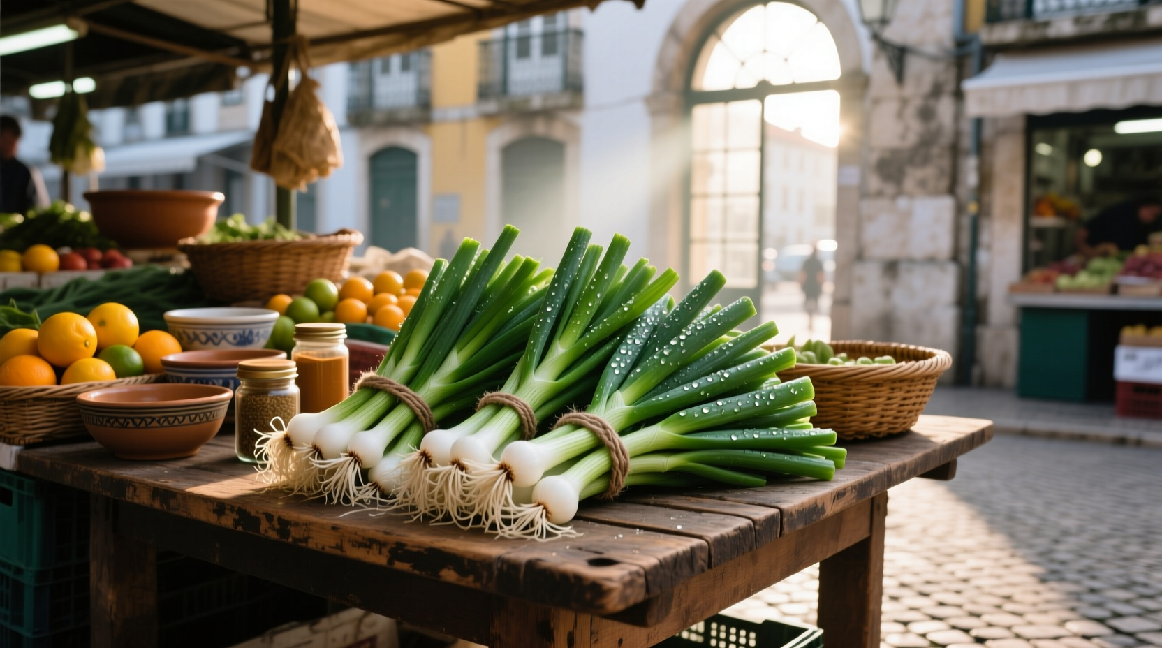 Fresh green onions at Lisbon market stall