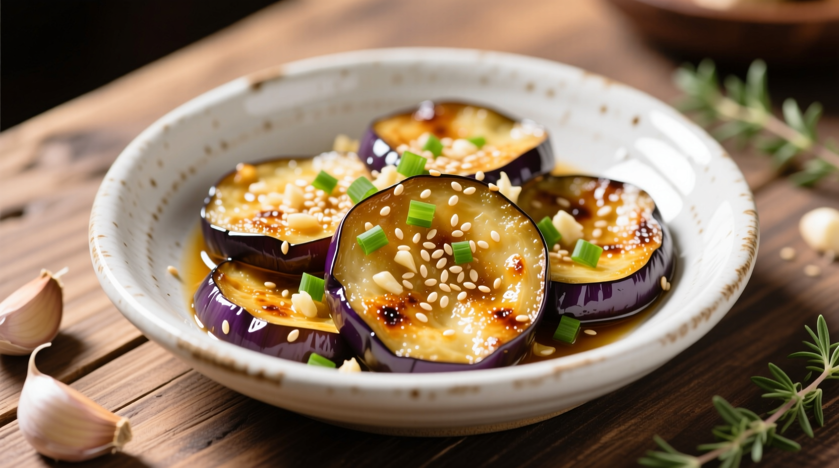 Perfectly cooked garlic eggplant in ceramic dish