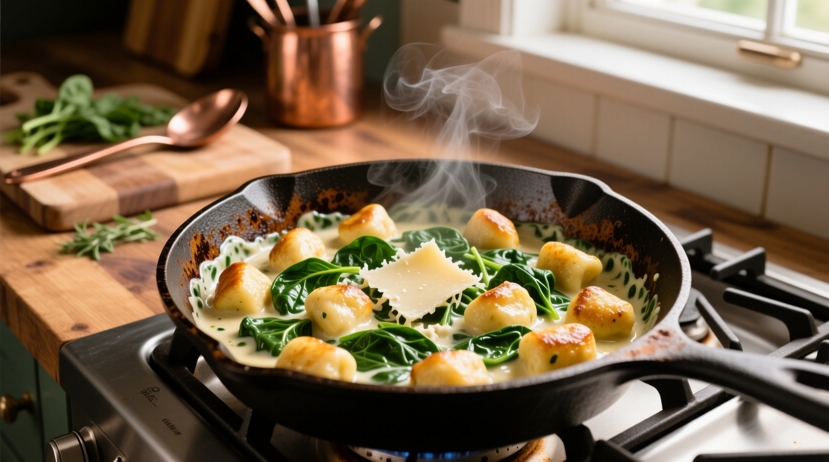 Chef preparing creamy spinach gnocchi in cast iron skillet