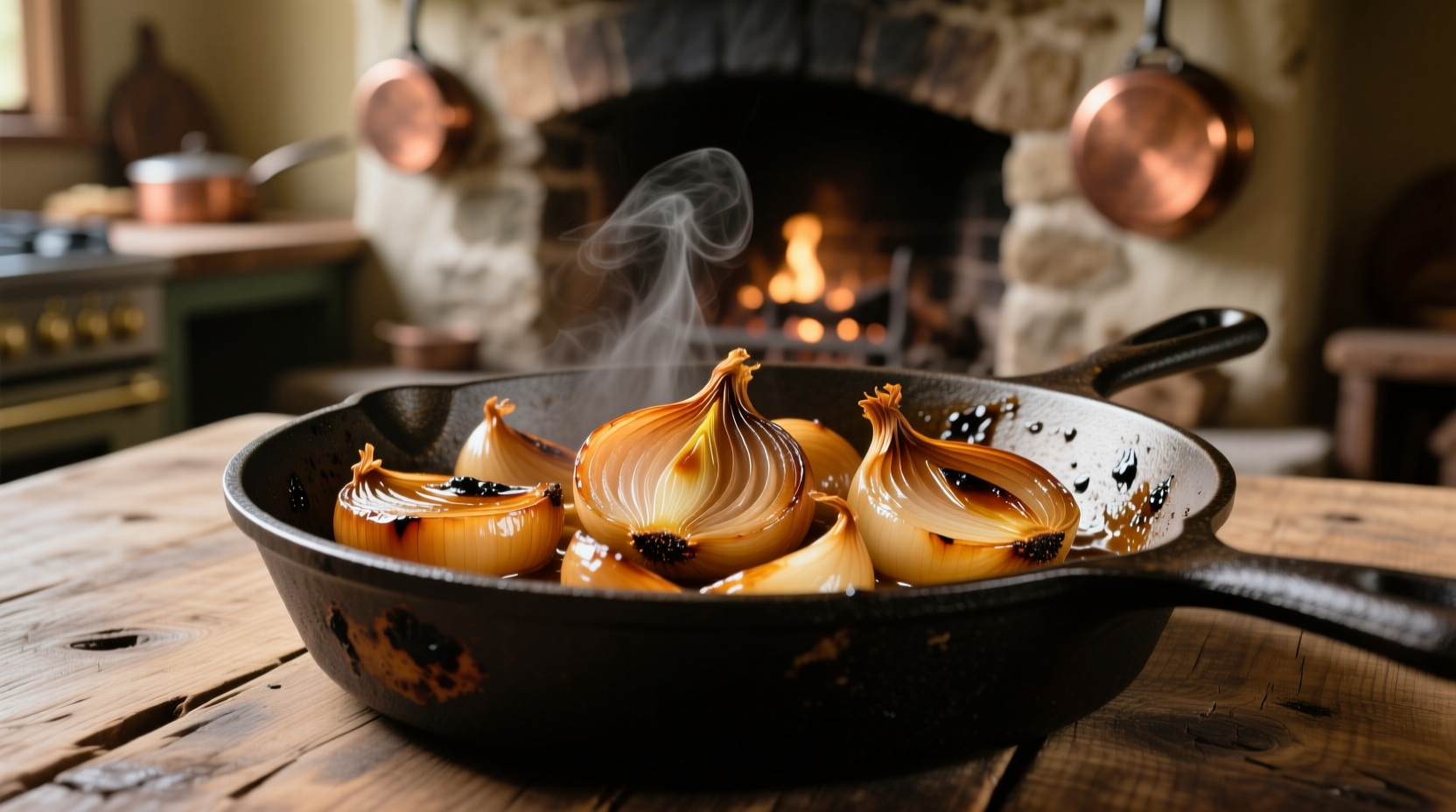 Golden brown braised onions in cast iron skillet