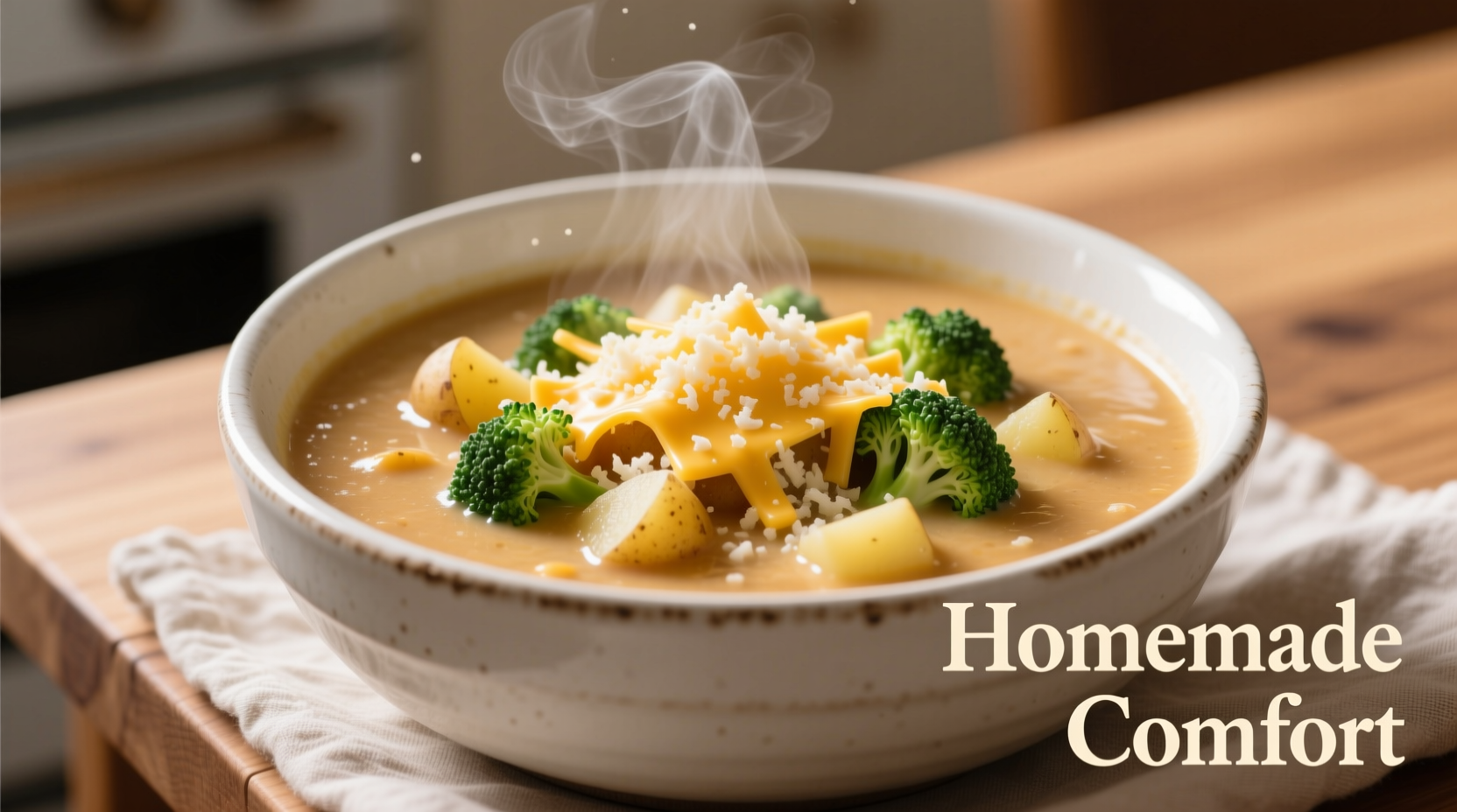 Creamy potato broccoli cheese soup in white bowl with cheddar garnish