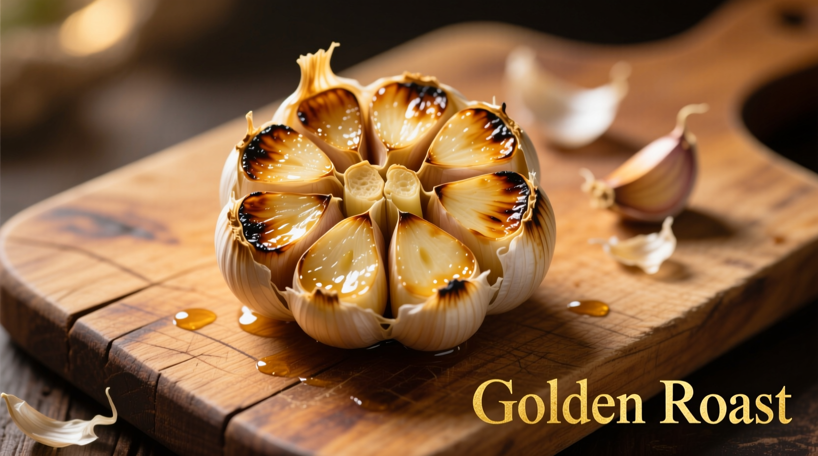 Golden roasted garlic head on wooden cutting board