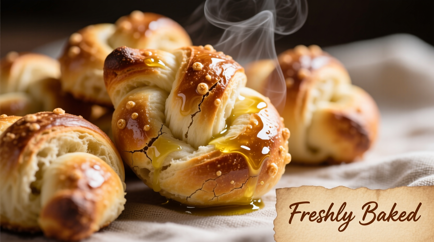 Freshly baked garlic knots with visible olive oil sheen