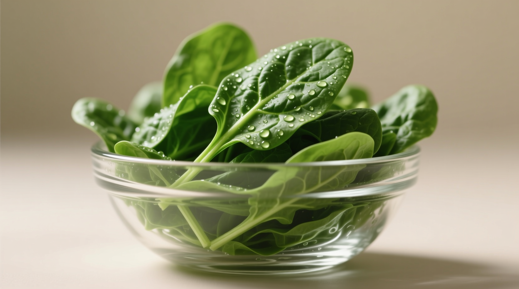 Fresh raw spinach leaves in a glass bowl