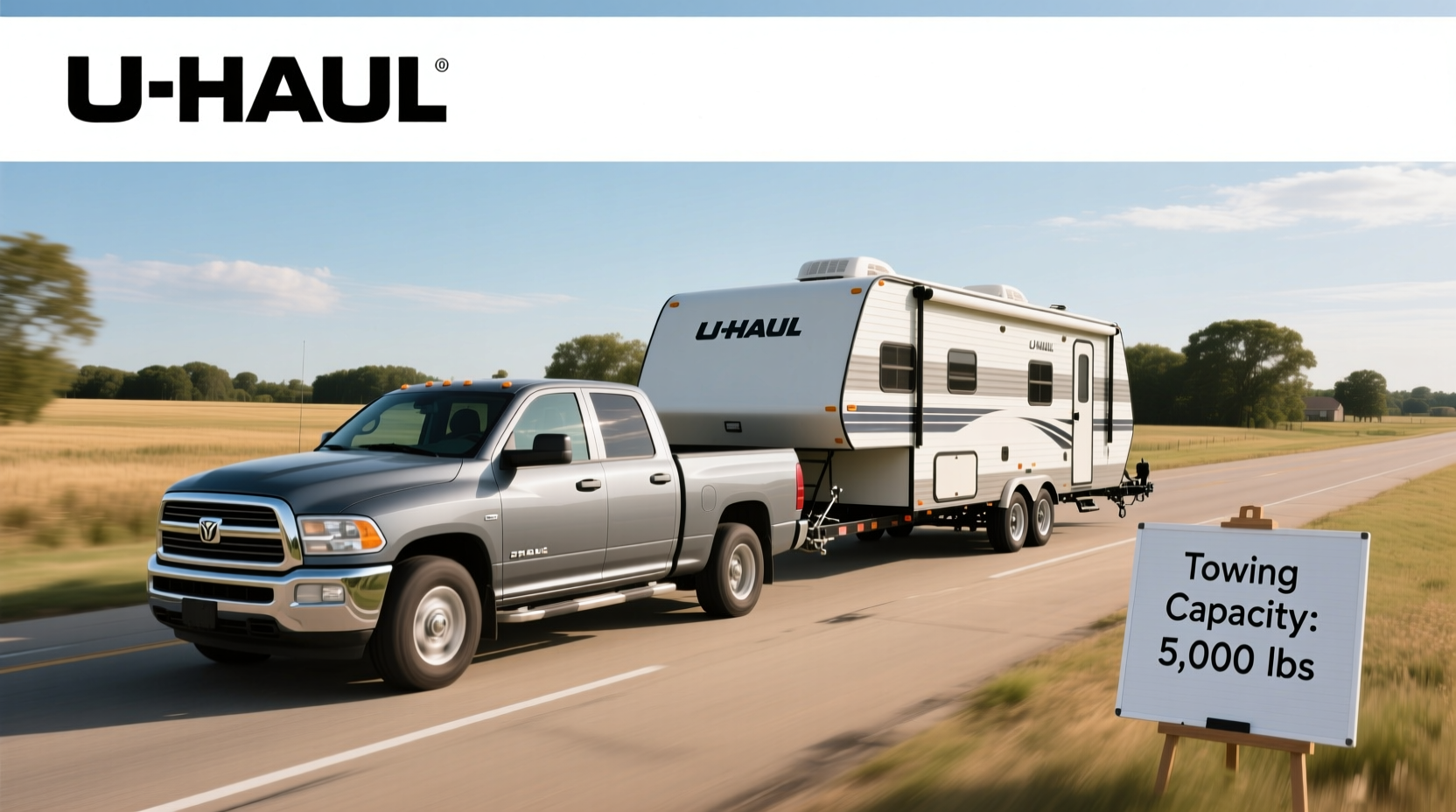 Side view of U-Haul pickup truck with tow dolly attached carrying a compact car