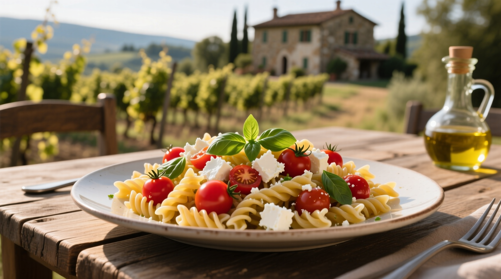 Pasta with cherry tomatoes and feta cheese