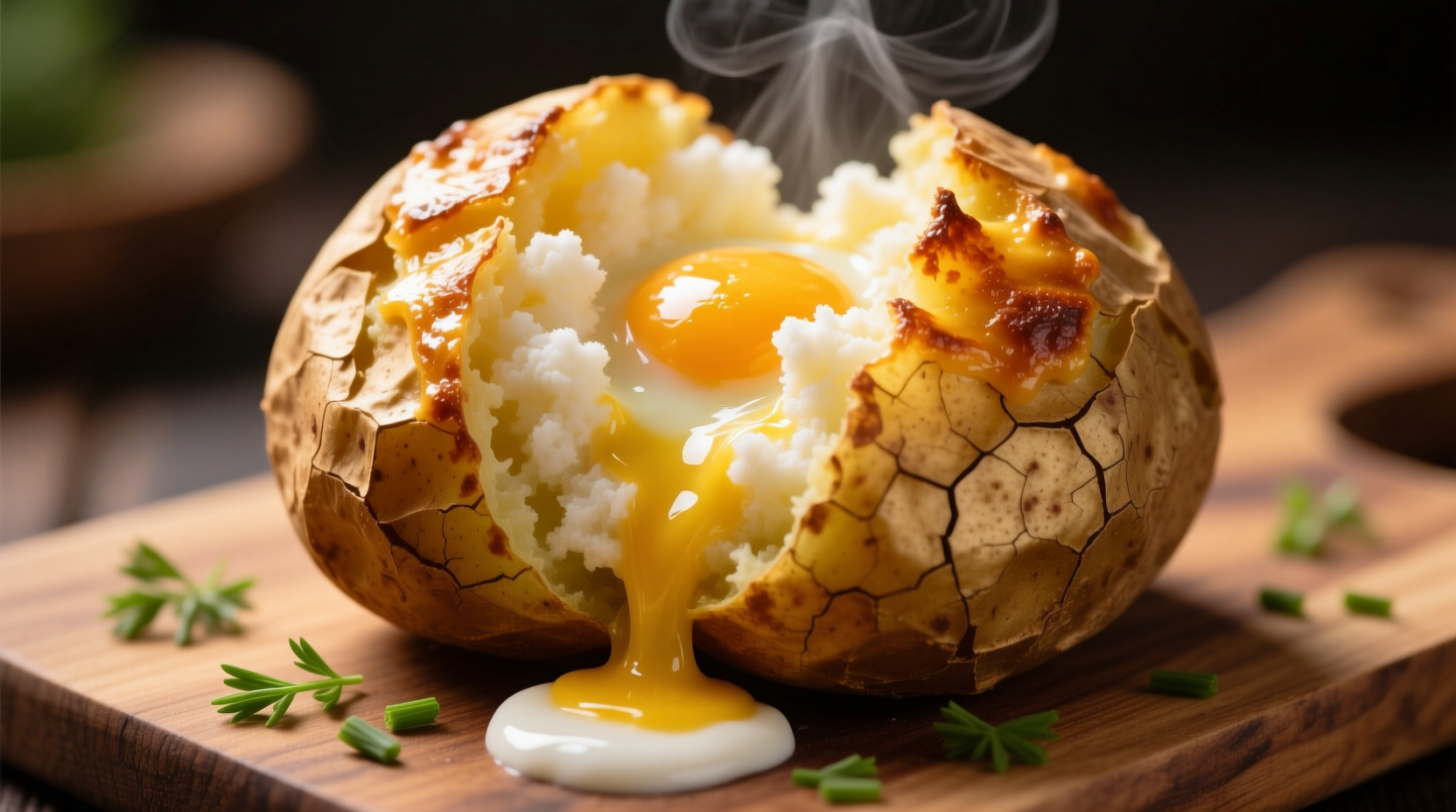 Golden baked potato with fluffy eggs and melted cheese