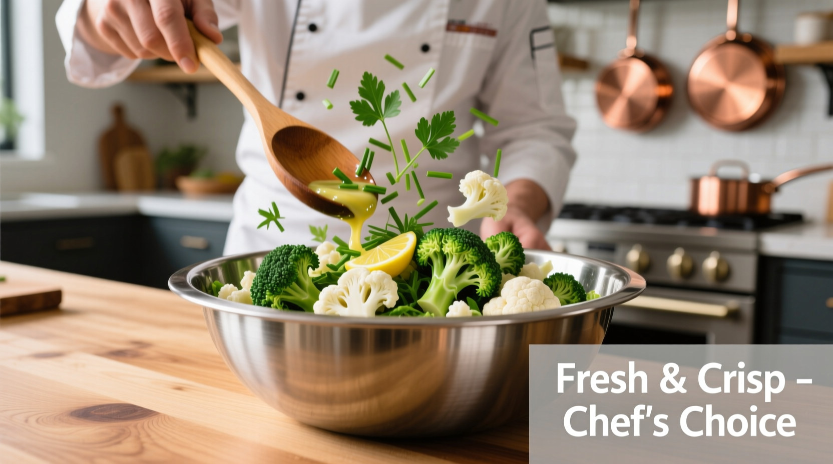 Chef preparing broccoli cauliflower salad in stainless steel bowl
