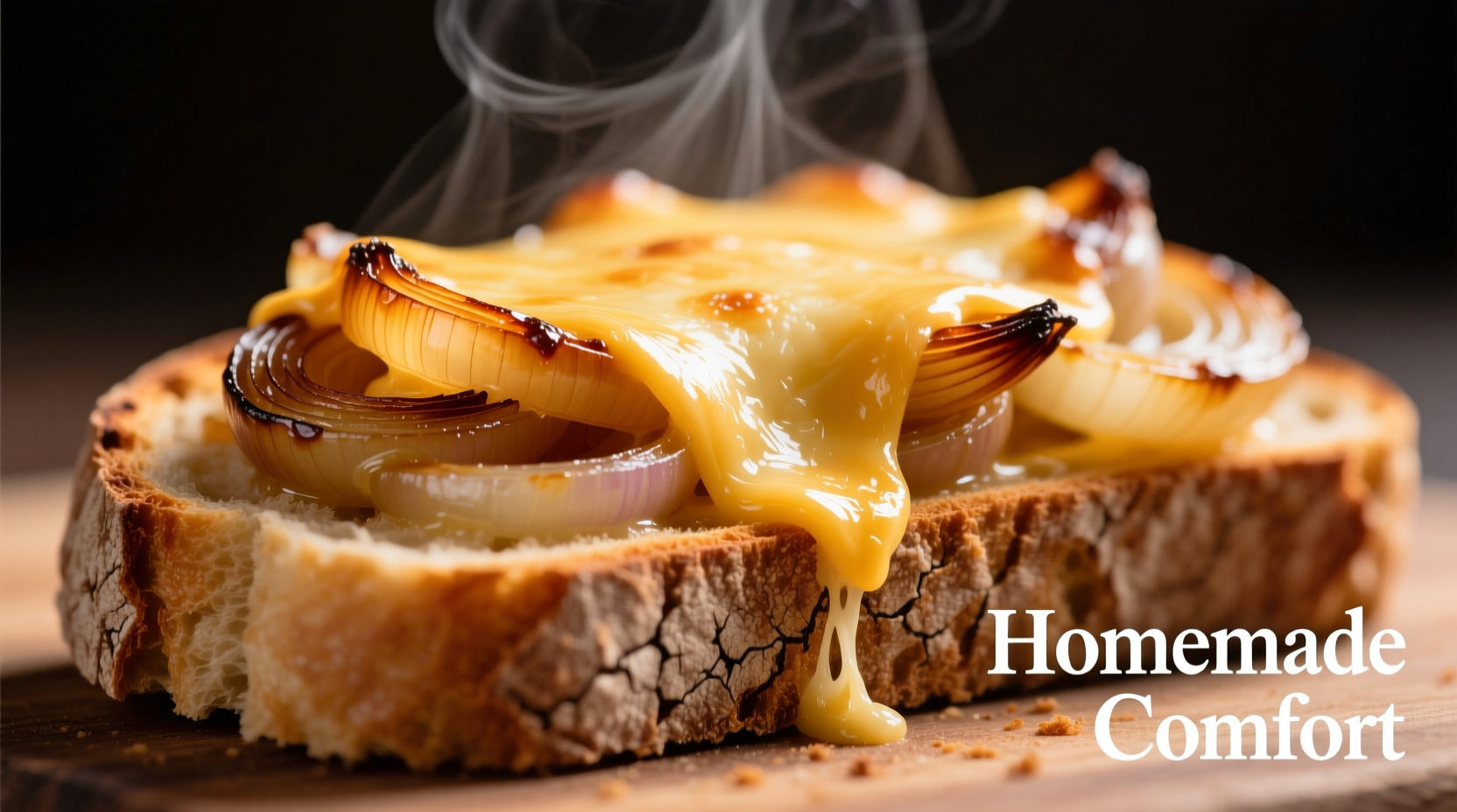Caramelized onions on crusty bread with melted cheese