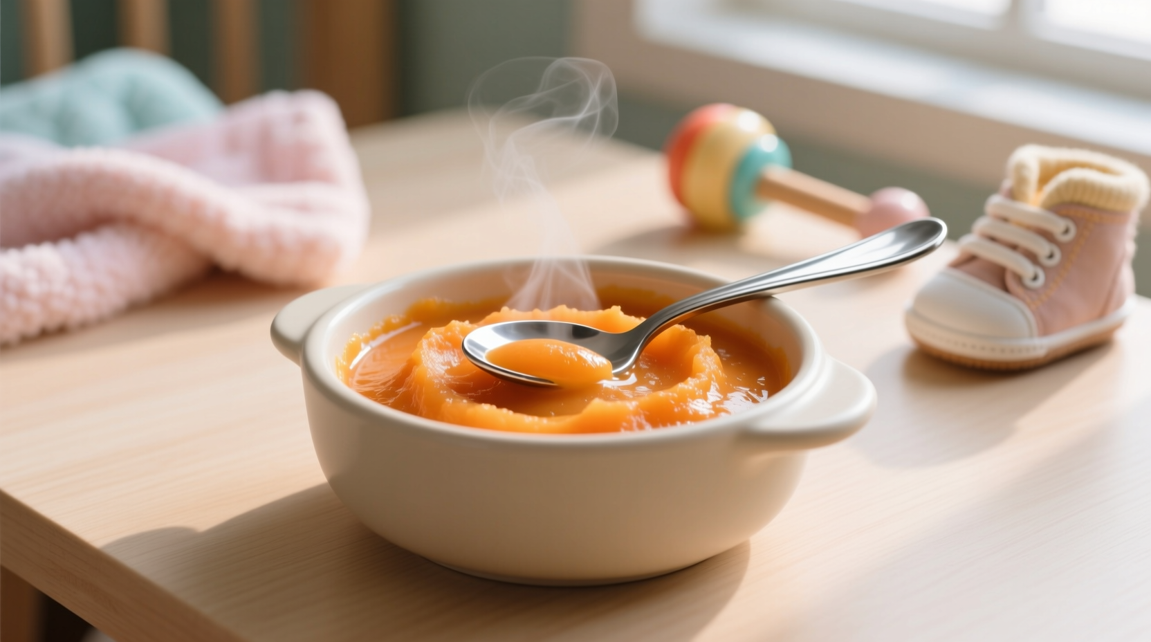 Mashed sweet potato in baby food bowl with spoon
