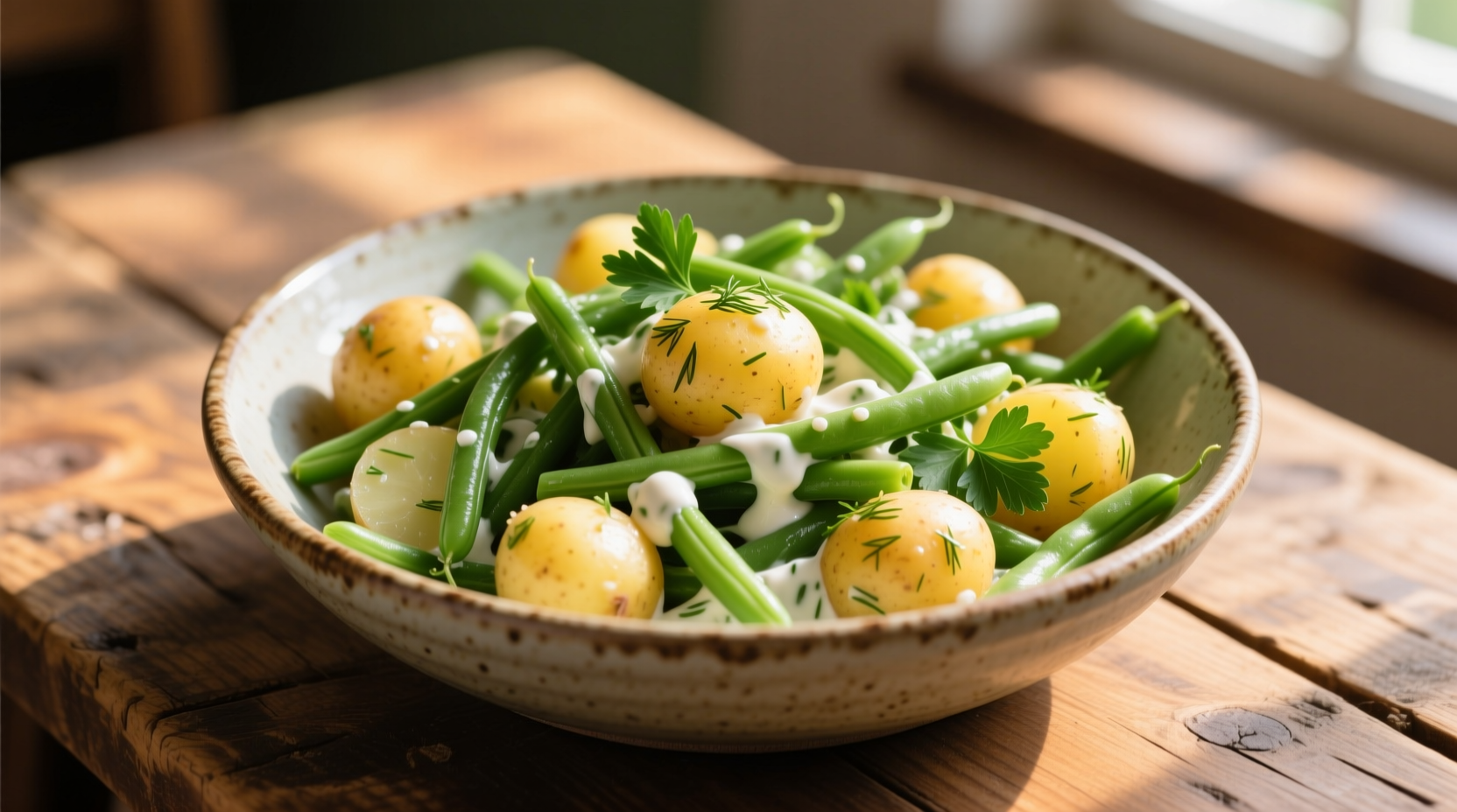 Fresh string bean potato salad in serving bowl