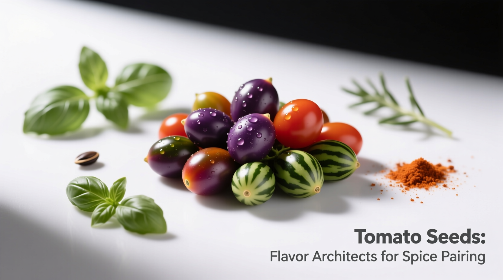 Heirloom tomato varieties including Cherokee Purple and Green Zebra displayed beside compatible spices: basil for the former, smoked paprika for the latter