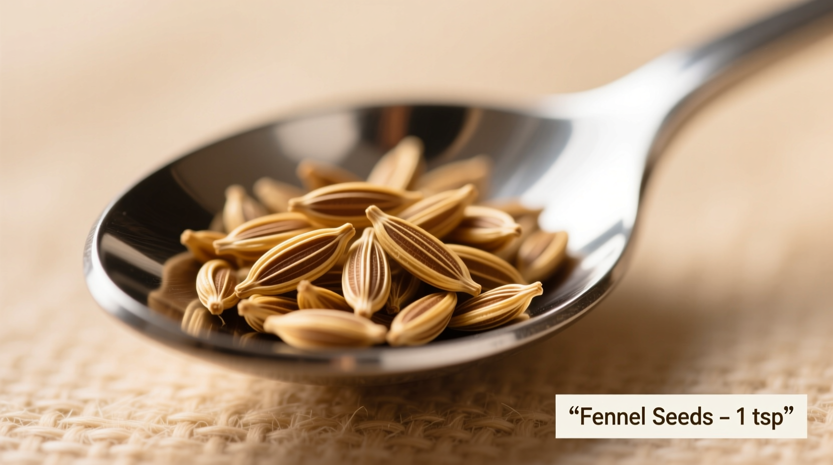 Close-up of fennel seeds measured in teaspoon