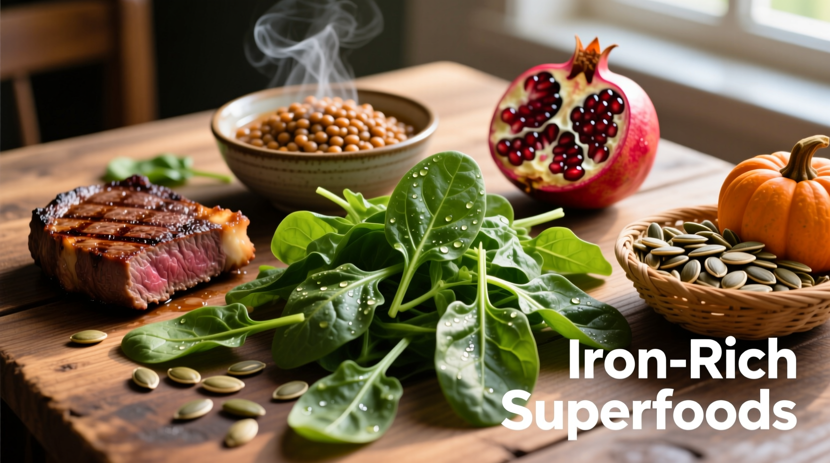 Fresh spinach leaves with iron-rich foods