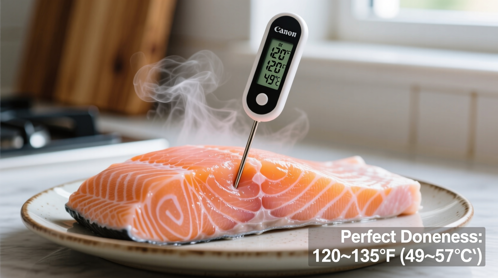 Salmon cooking temperature guide showing thermometer in fillet