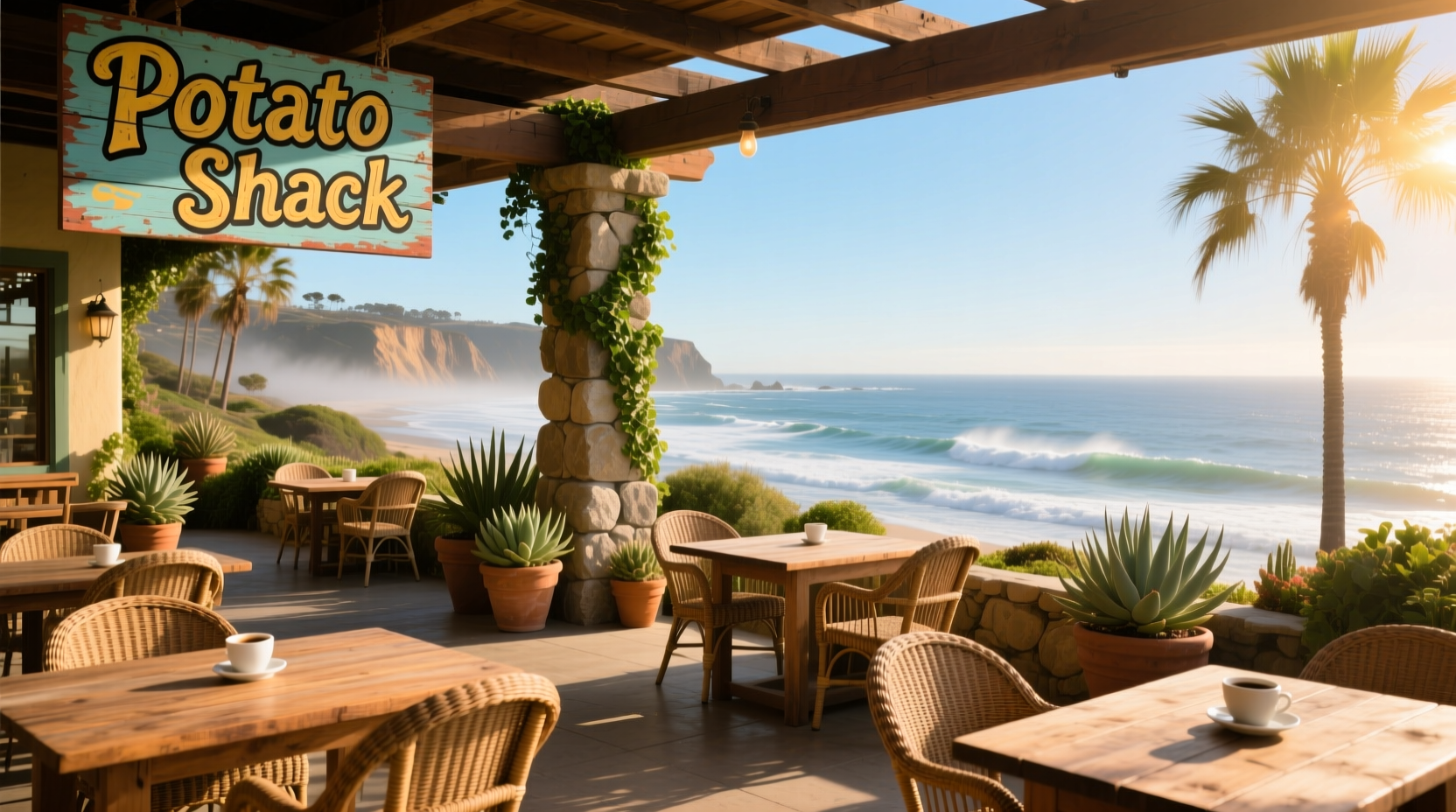 Potato Shack Encinitas outdoor patio seating with ocean view