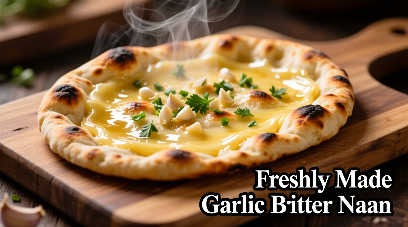 Freshly made garlic butter naan brushed with golden butter