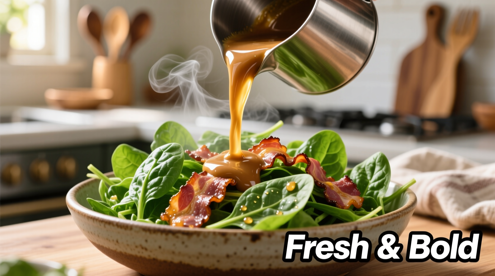 Fresh spinach salad with warm bacon dressing being poured