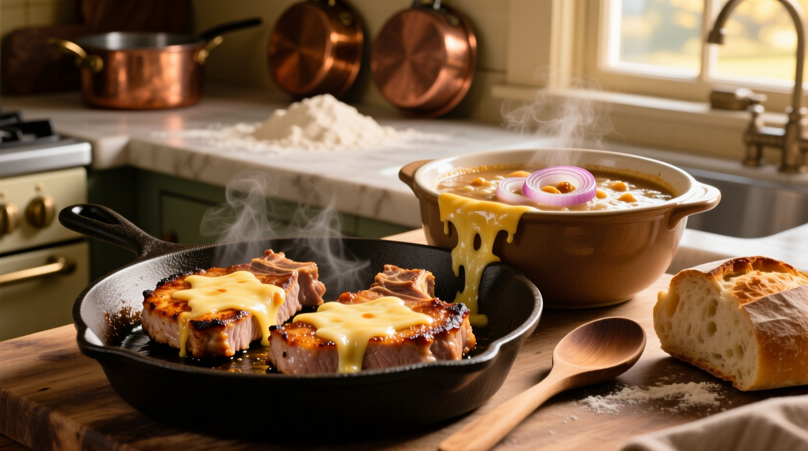 Sizzling pork chops with melted cheese French onion soup