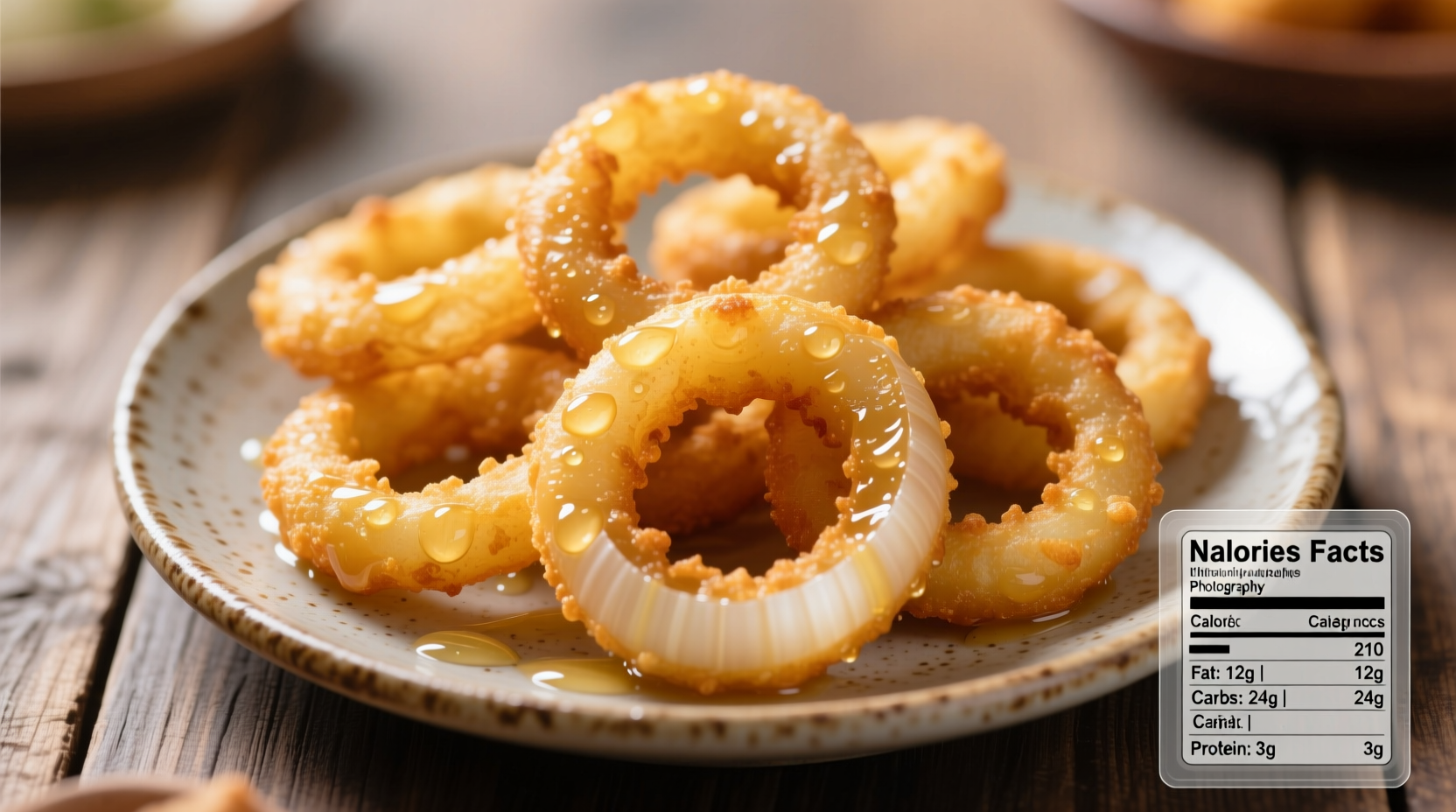 Freshly made onion rings on a plate with nutritional information