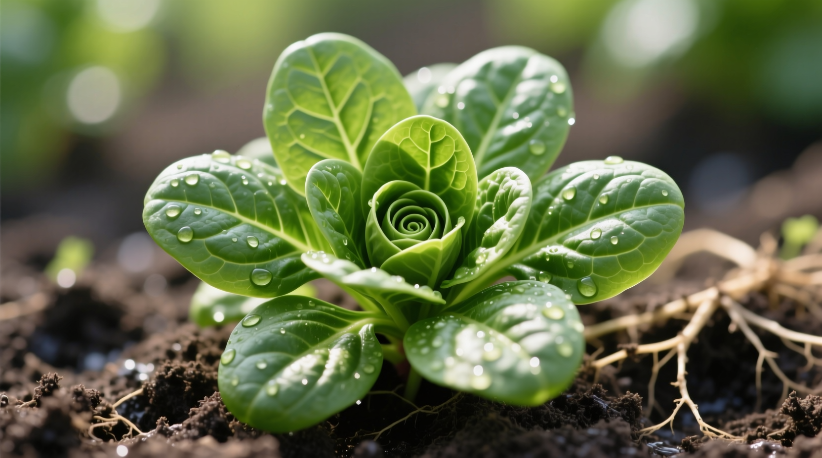 Fresh spinach leaves on plant showing rosette growth pattern