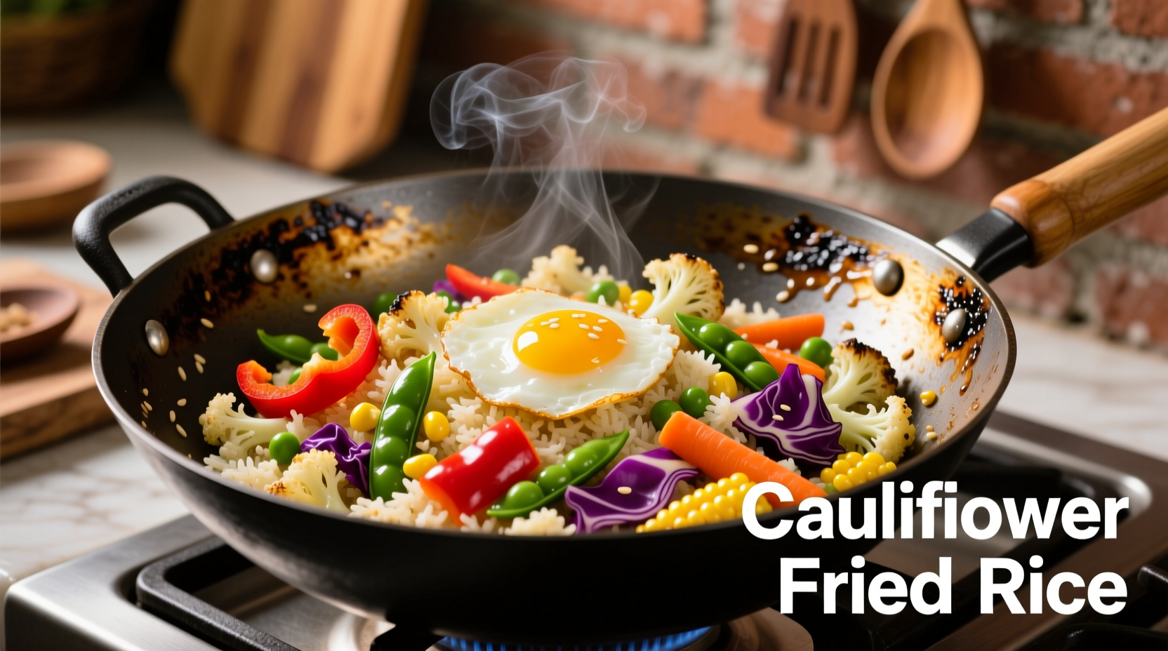 Cauliflower vegetable fried rice in wok with colorful vegetables
