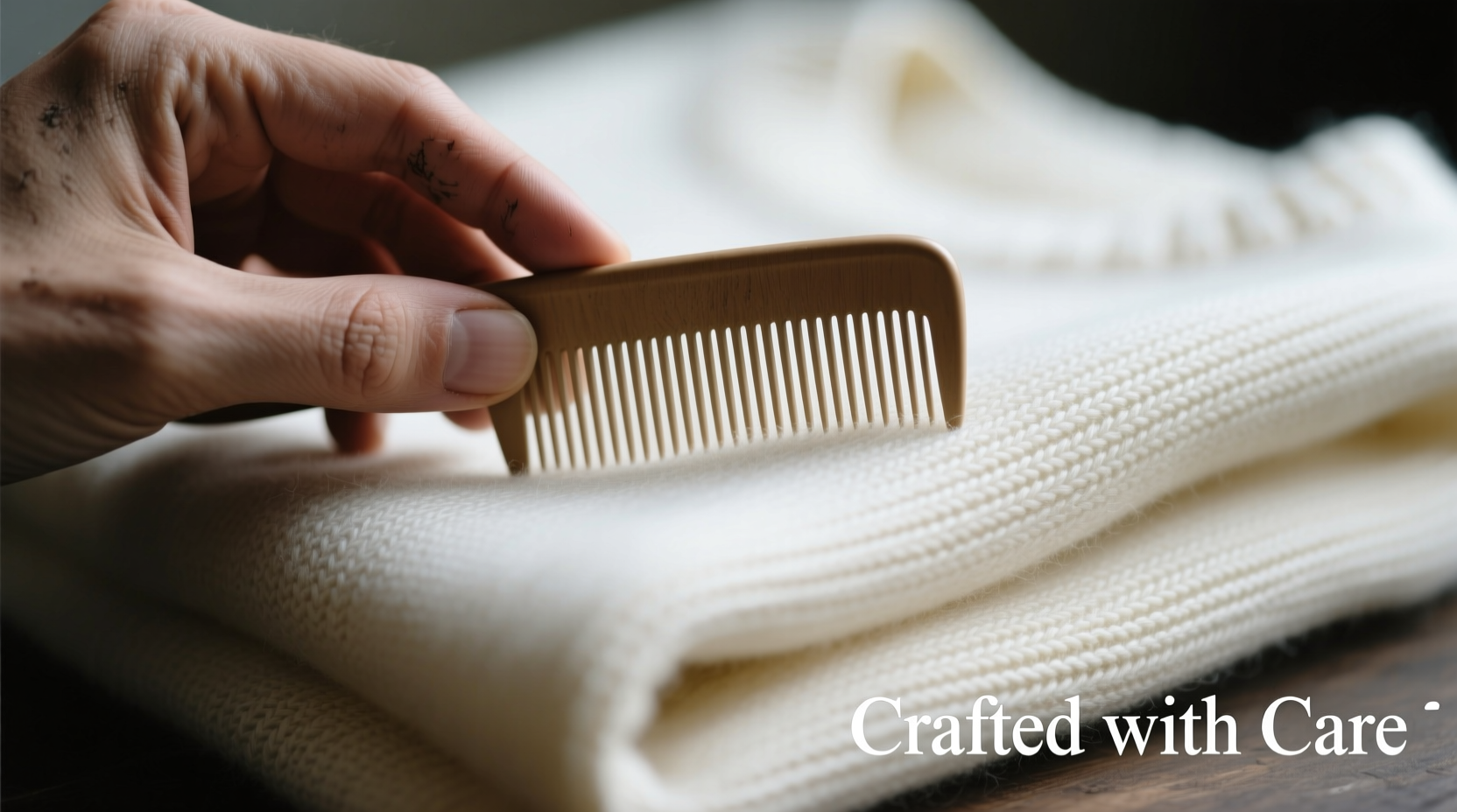Close-up of a hand using a fine-toothed cashmere comb on a folded ivory cashmere sweater, showing smooth, directional strokes along the knit grain—no tension, no bending of stitches