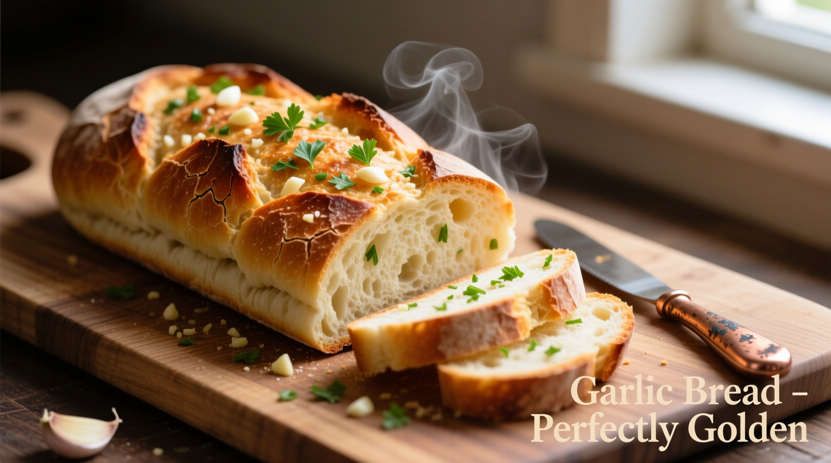 Professional garlic bread preparation showing golden crust