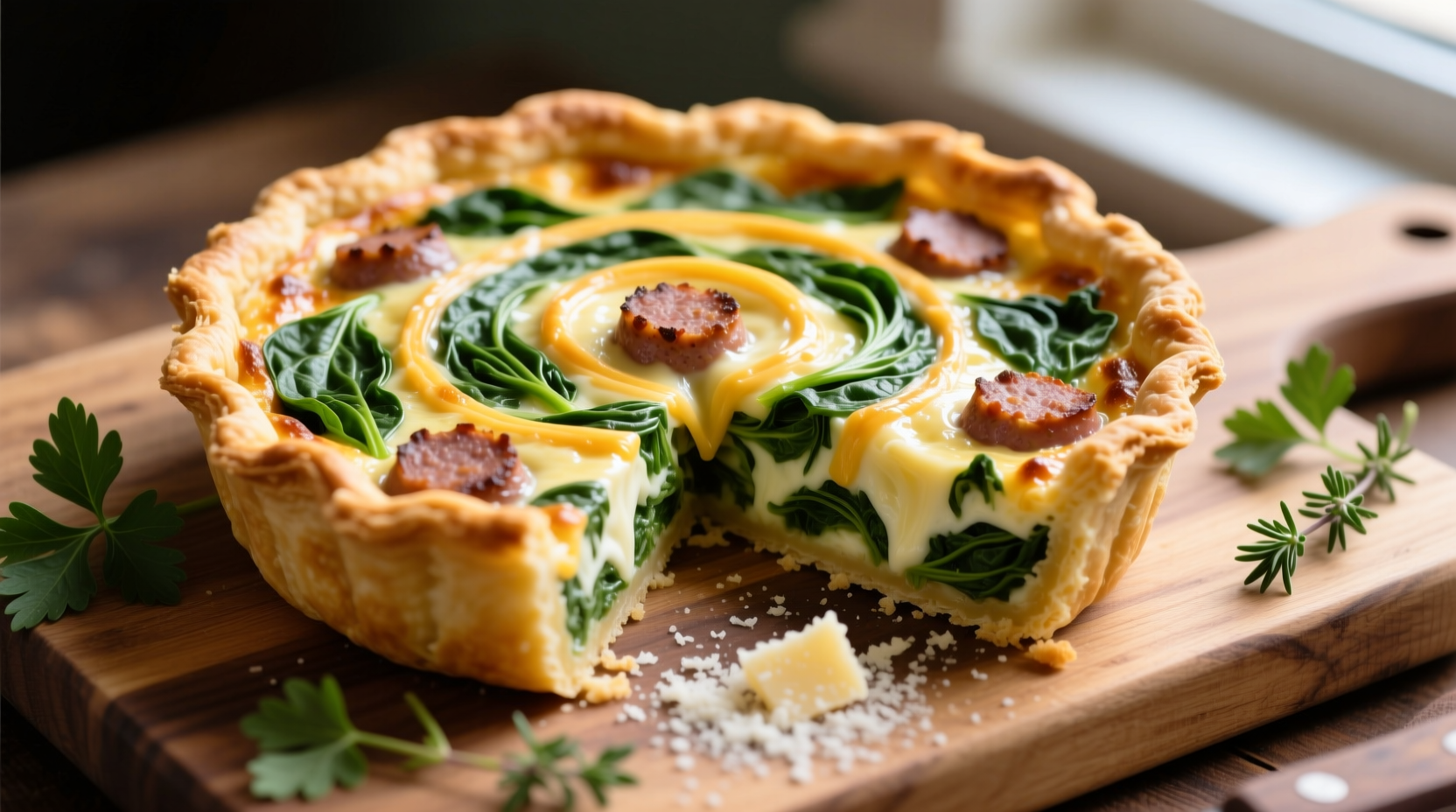 Perfectly golden spinach sausage quiche with flaky crust