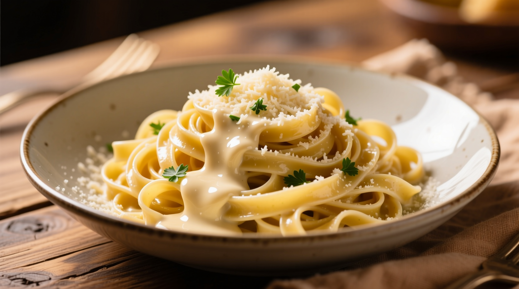 Creamy parmesan garlic sauce drizzled over fettuccine