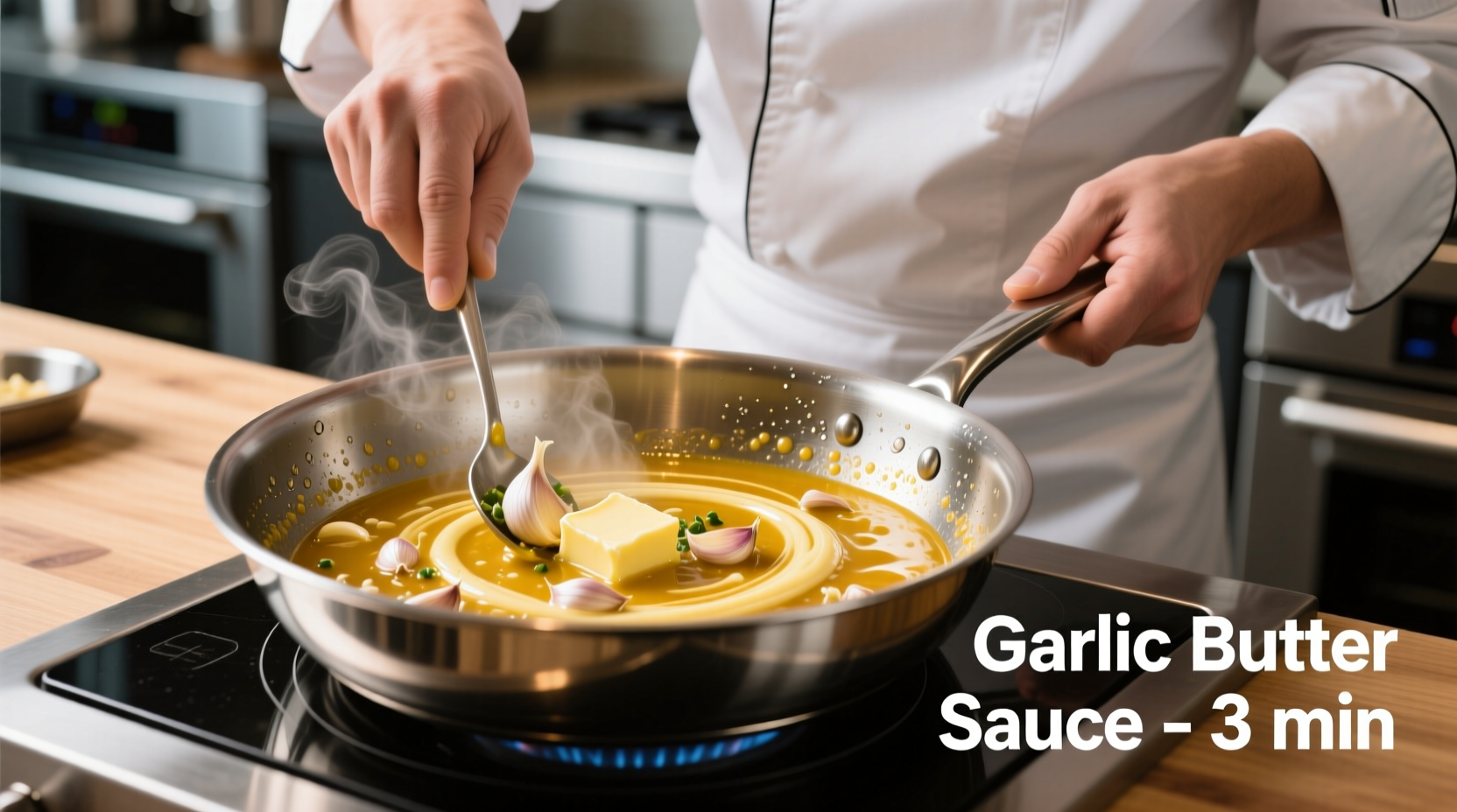 Chef preparing garlic butter sauce in stainless steel pan
