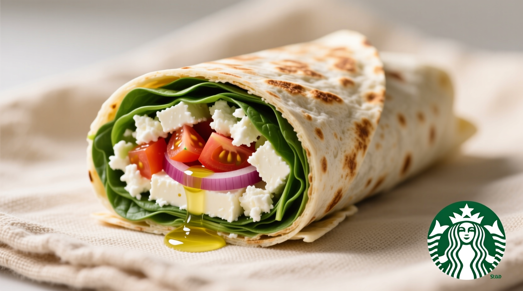 Starbucks feta cheese spinach wrap cut in half showing ingredients