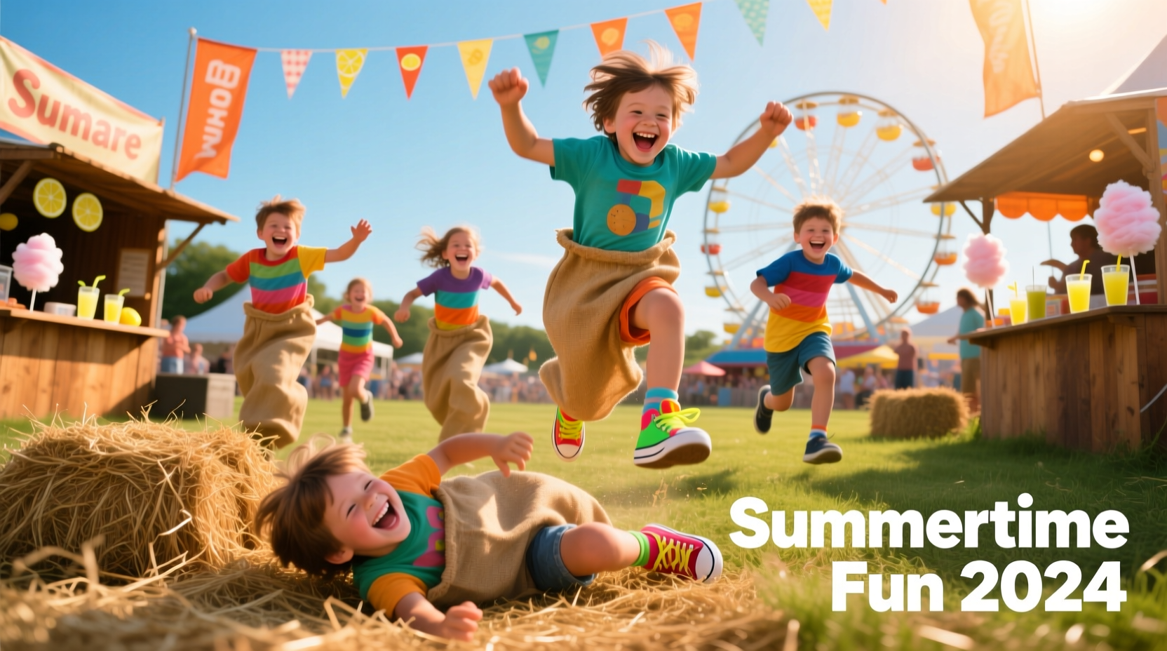 Children laughing during a potato sack race at summer festival