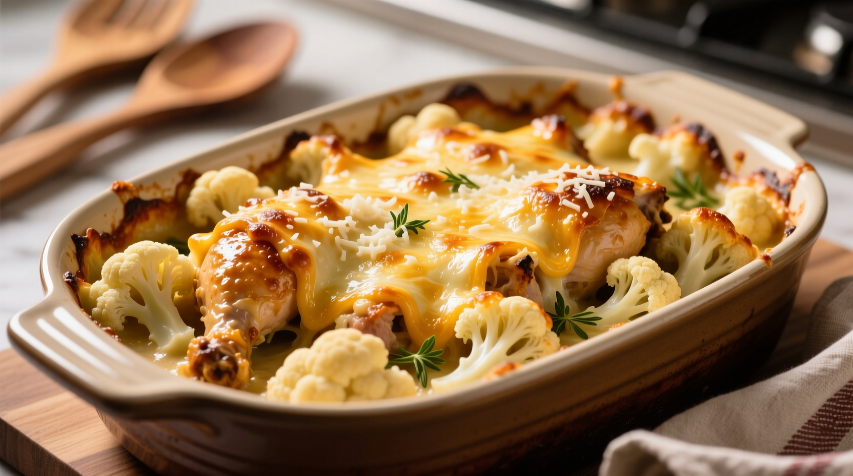 Golden baked chicken cauliflower casserole with cheese topping