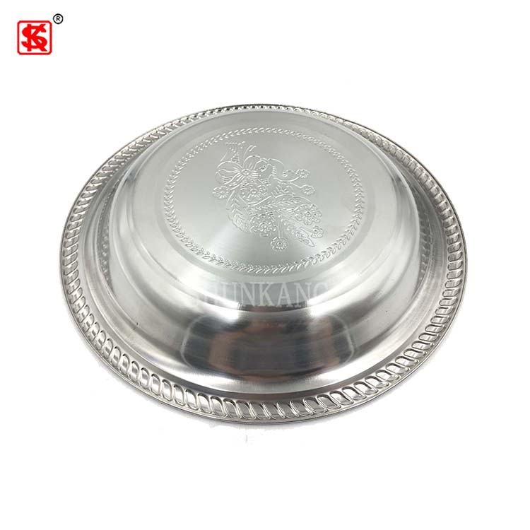 Thailand Style Stainless Steel Serving Plate / Metal Round Serving Dish / Flower Pattern Tray 30cm