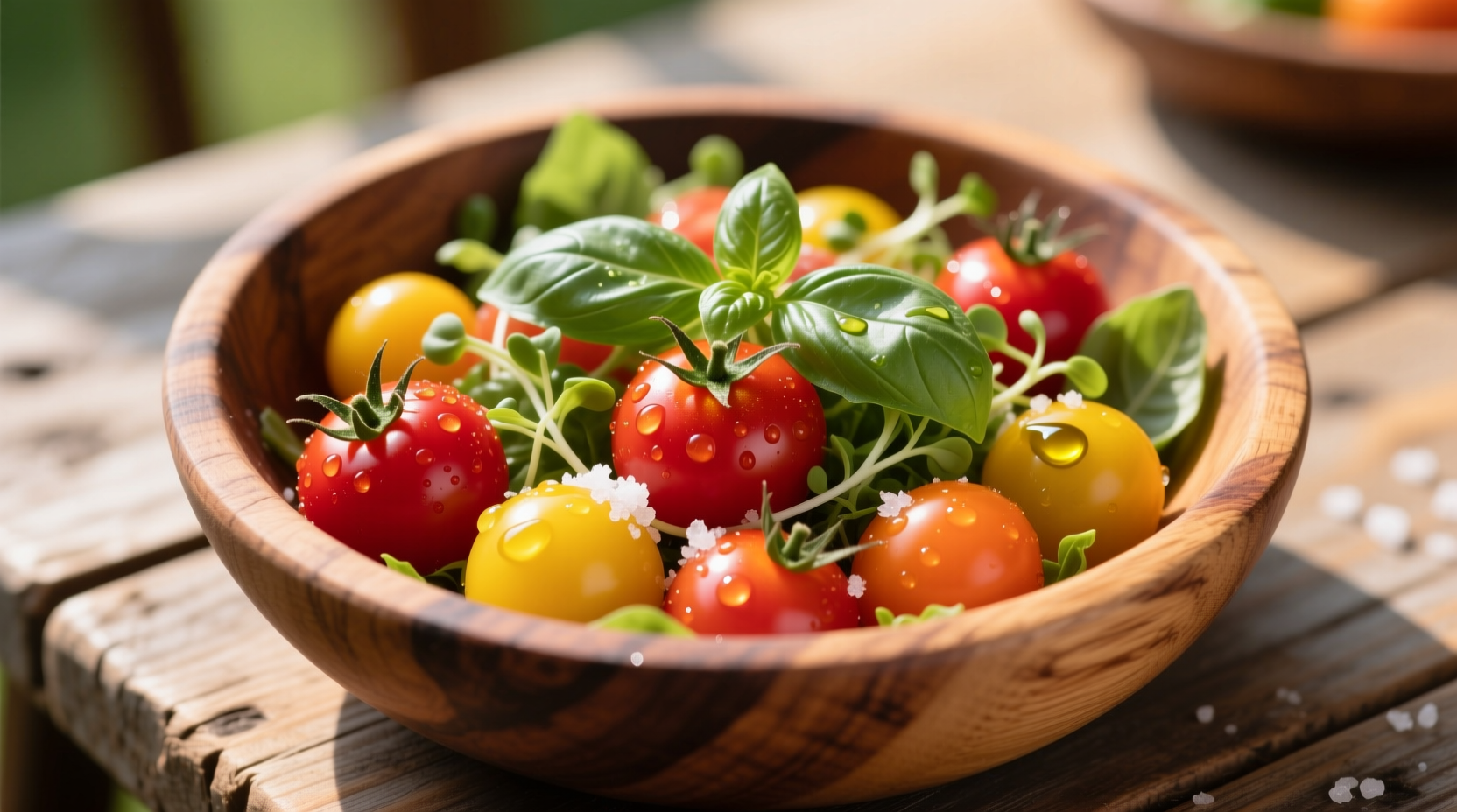 Colorful cherry tomato salad in wooden bowl